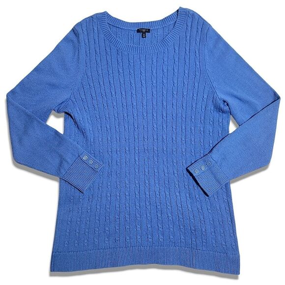 Talbots Blue Button Cuff Cable-Knit Ribbed Crew Neck Sweater - Picture 2 of 8